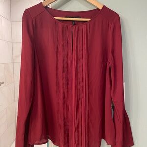 White House Black Market Red Pleated Blouse with Bell Sleeves